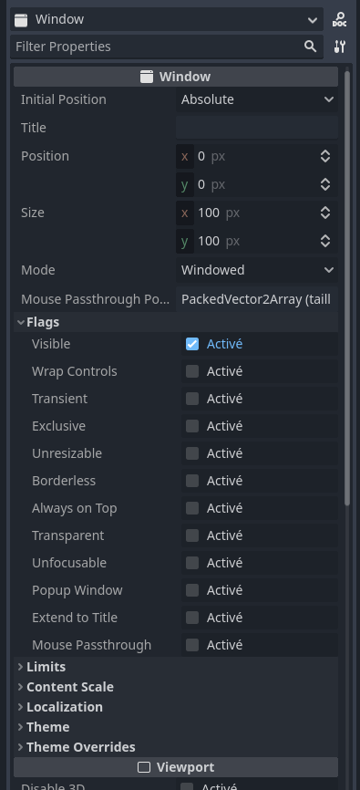 Some of the Window's node properties. Visit the Godot wiki that's linked in the next paragraph for the complete list of properties (and better screen-reader support)