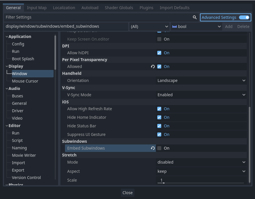 Godot's Project Settings, in the Window section. Advanced Settings are enabled and the option Embed Subwindows has been unchecked