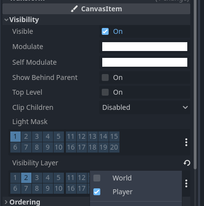 A Node2D's inspector window, in the Visibility section. The first visibility layer is disabled while the second is enabled