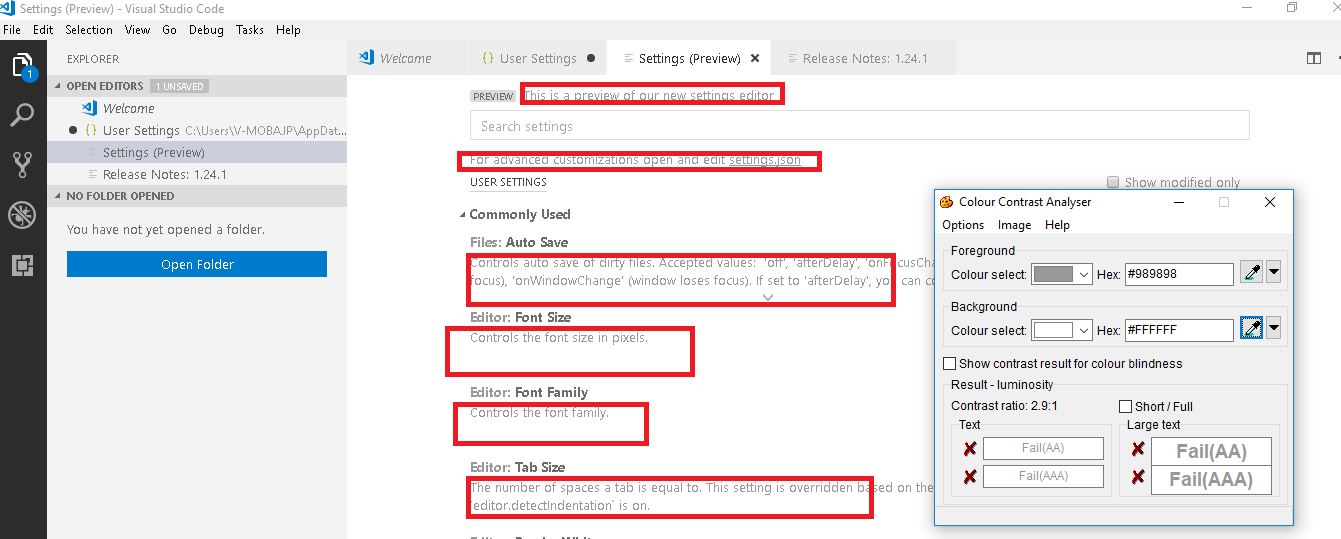 Settings title and description text does not meet color contrast ratio ...