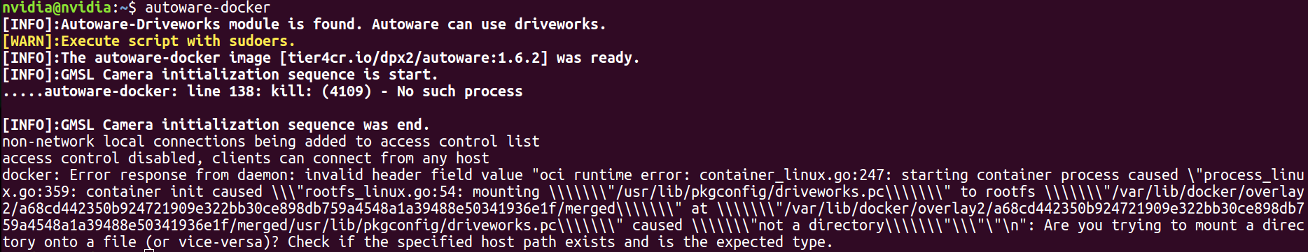 Docker Startup Error - autoware-docker: line 138: kill: (4109) - No ...