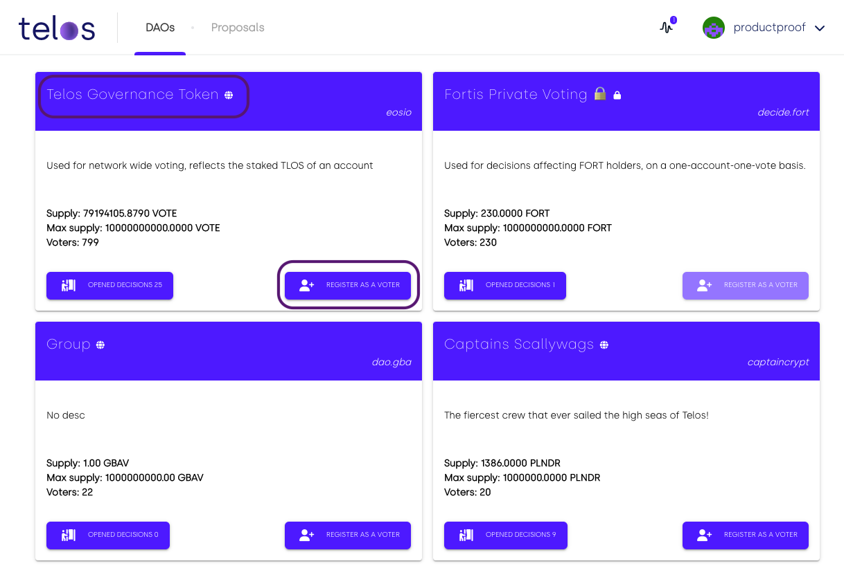 app-telos-net dao group view unregistered