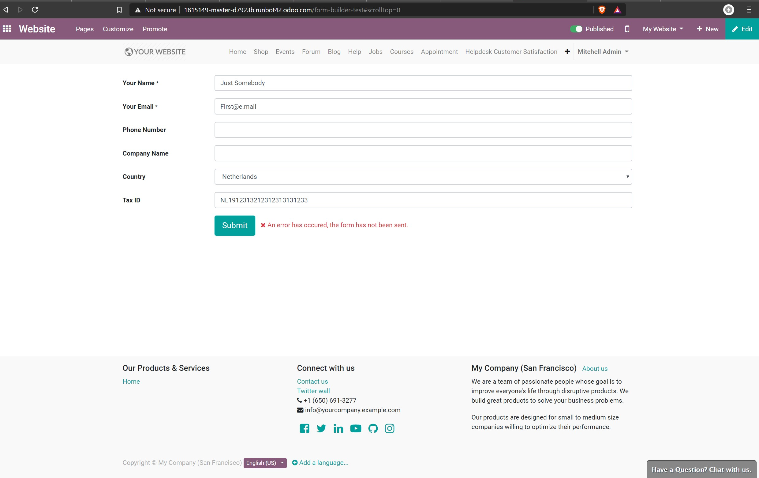 [13.0] Form builder, create customer error (An error has occured, the ...