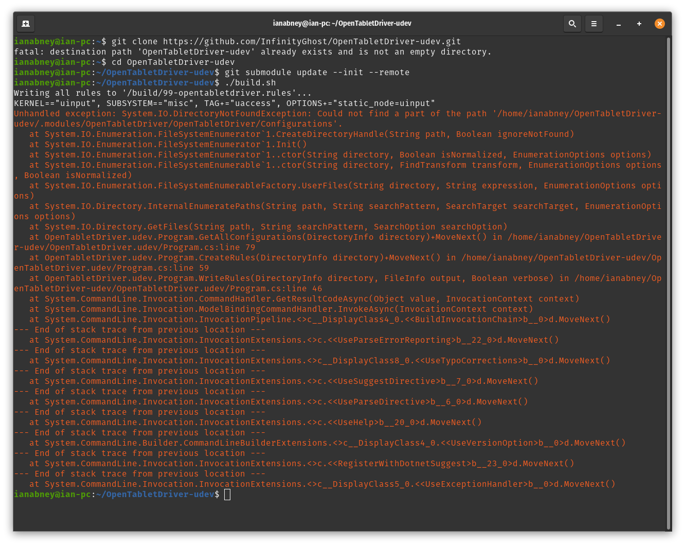 Support Request: Trouble running "The driver fails to open the tablet ...