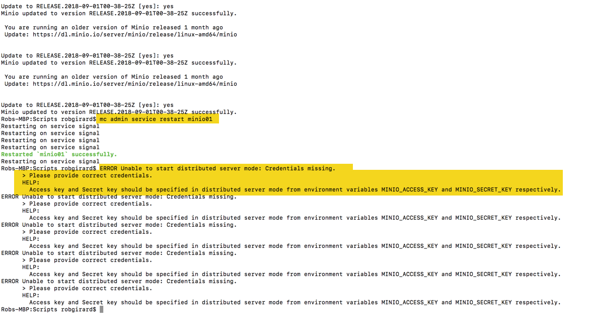 Minio server won't restart after upgrade related to access/secret key
