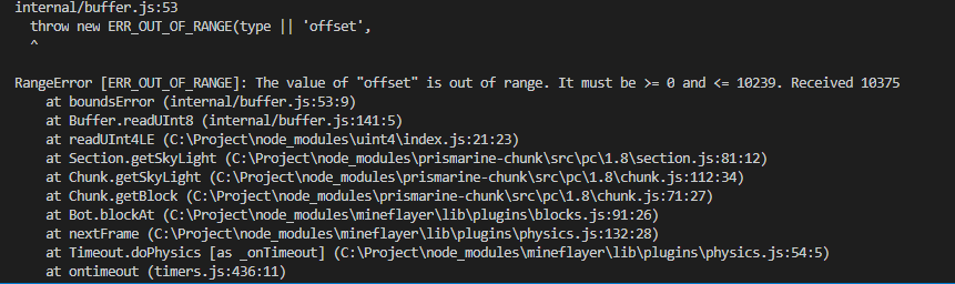 Out of Range Offset Error · Issue #763 · PrismarineJS/mineflayer · GitHub