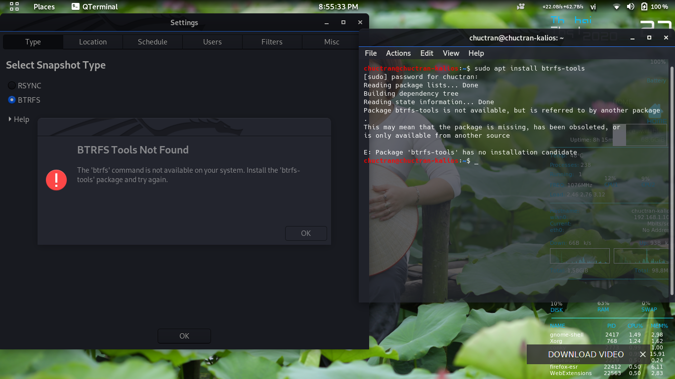 Cant choose snapshot type BTRFS on / btrfs and /home ext4 on Kali Linux