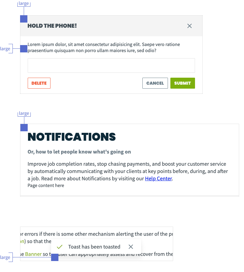 illustration of the large space around a Modal's header and content, a Page's outer padding, and a Toast near the bottom of a viewport