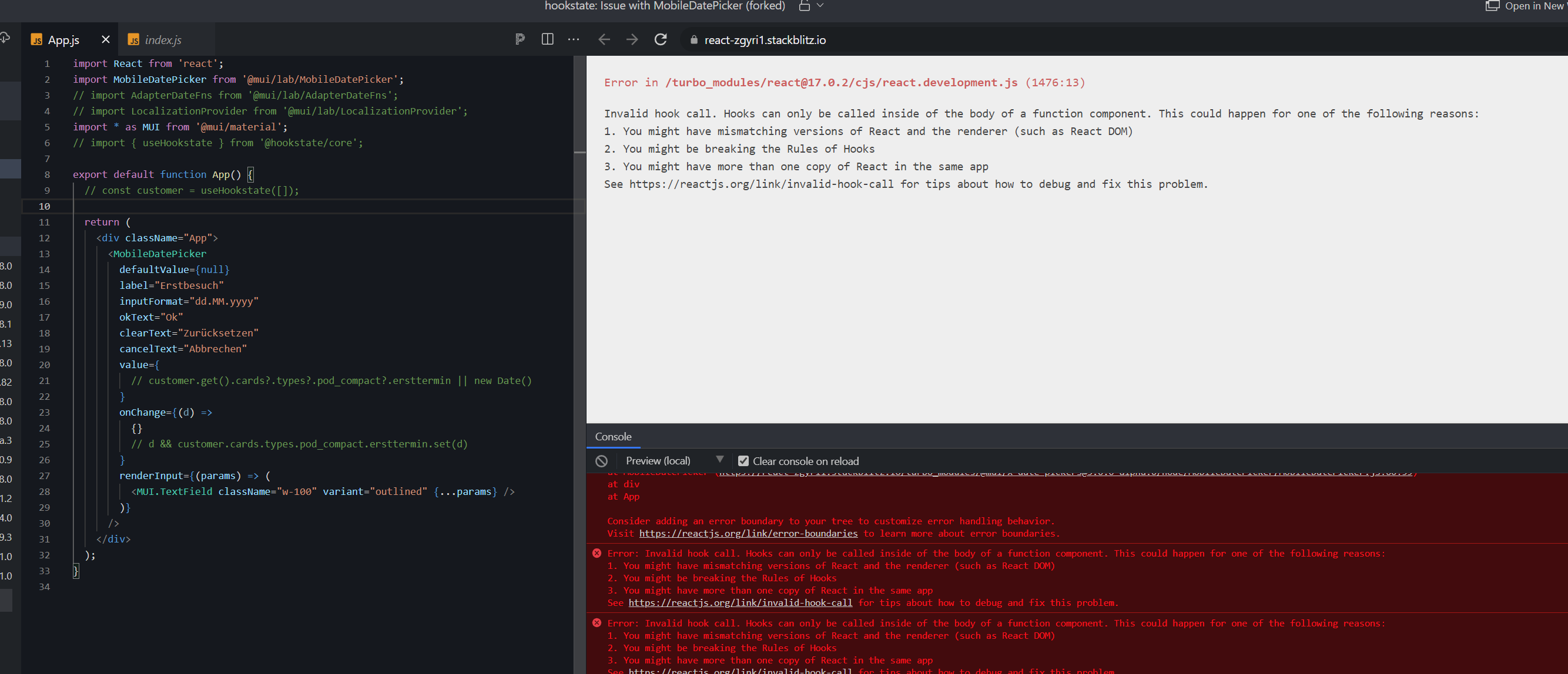 Issues with MobileDatePicker (Material UI) Uncaught TypeError _this