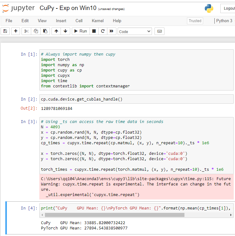 Performance measurements - `cp.matmul` slower than `torch.matmul ...