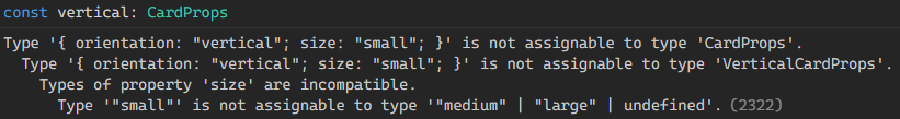 linter marking property size to have an invalid value "small" as it is not assignable to type "medium" | "large"