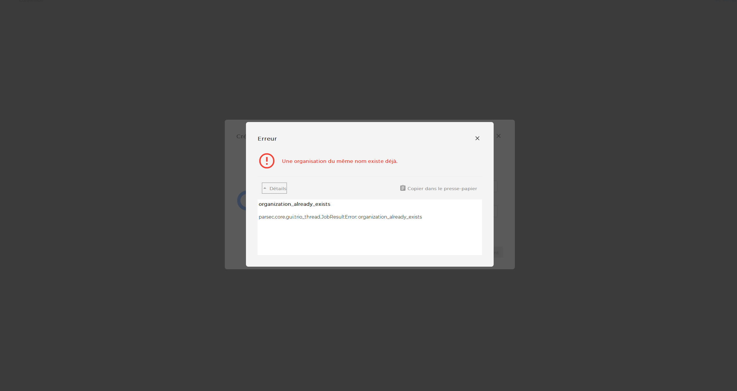 Wrong error message when creating an org with a name already taken ...