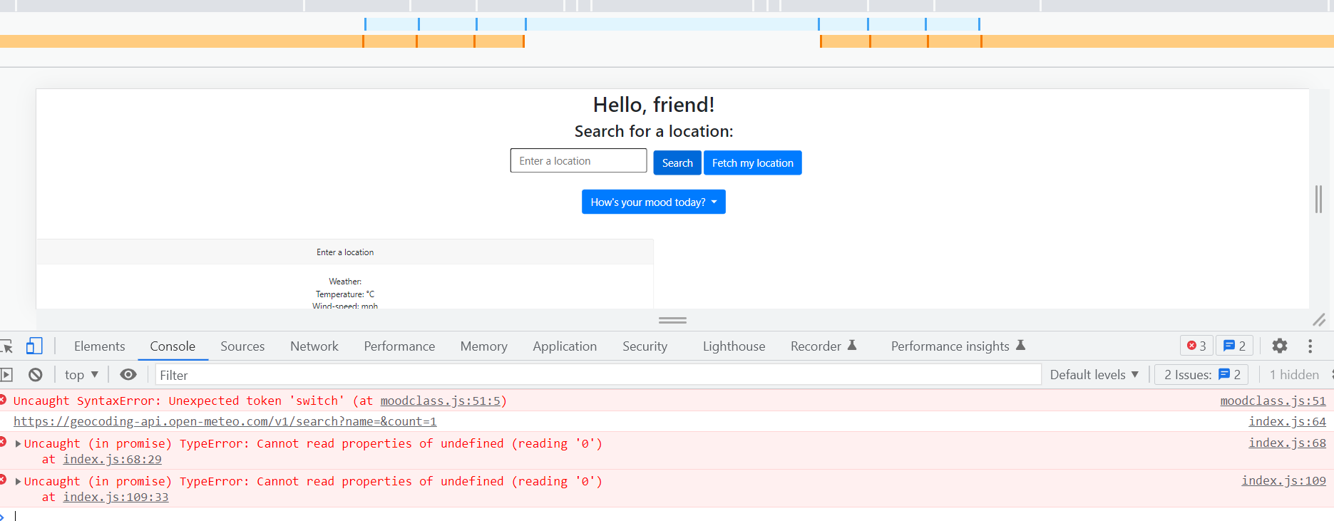 check that weather API doesn't crash on console when user doesn't ...