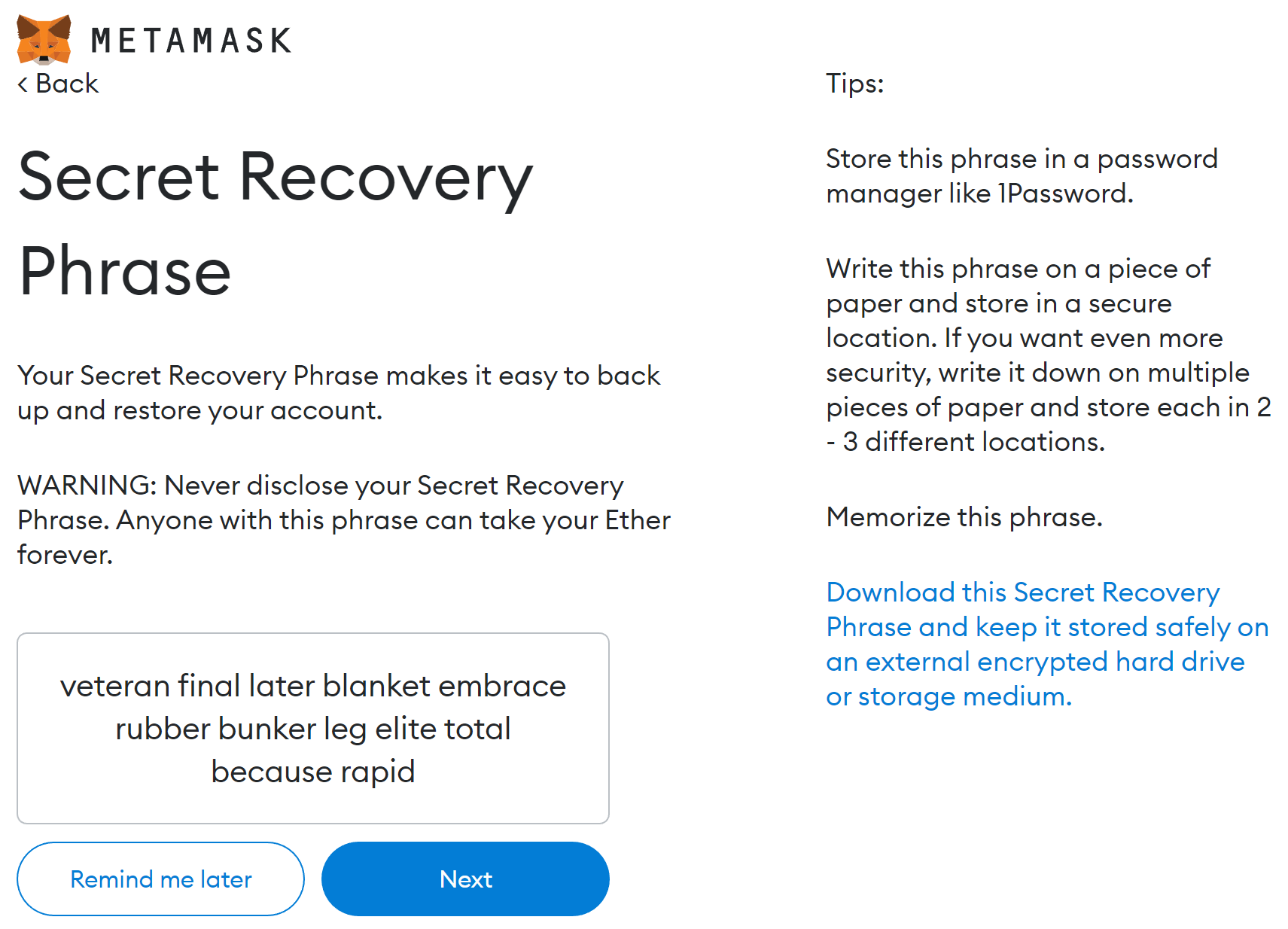 MetaMask Secret Recovery Phrase