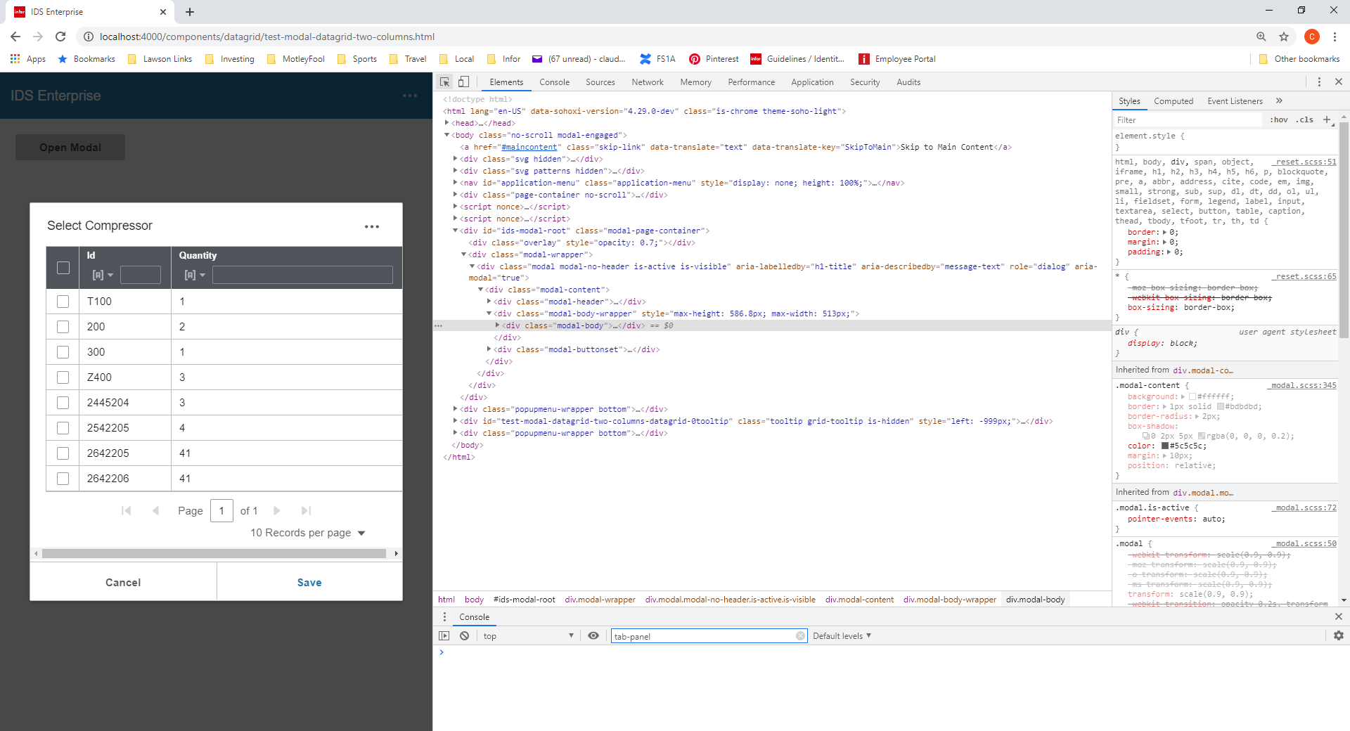 Datagrid modal dialog containing a datagrid issue with horizontal