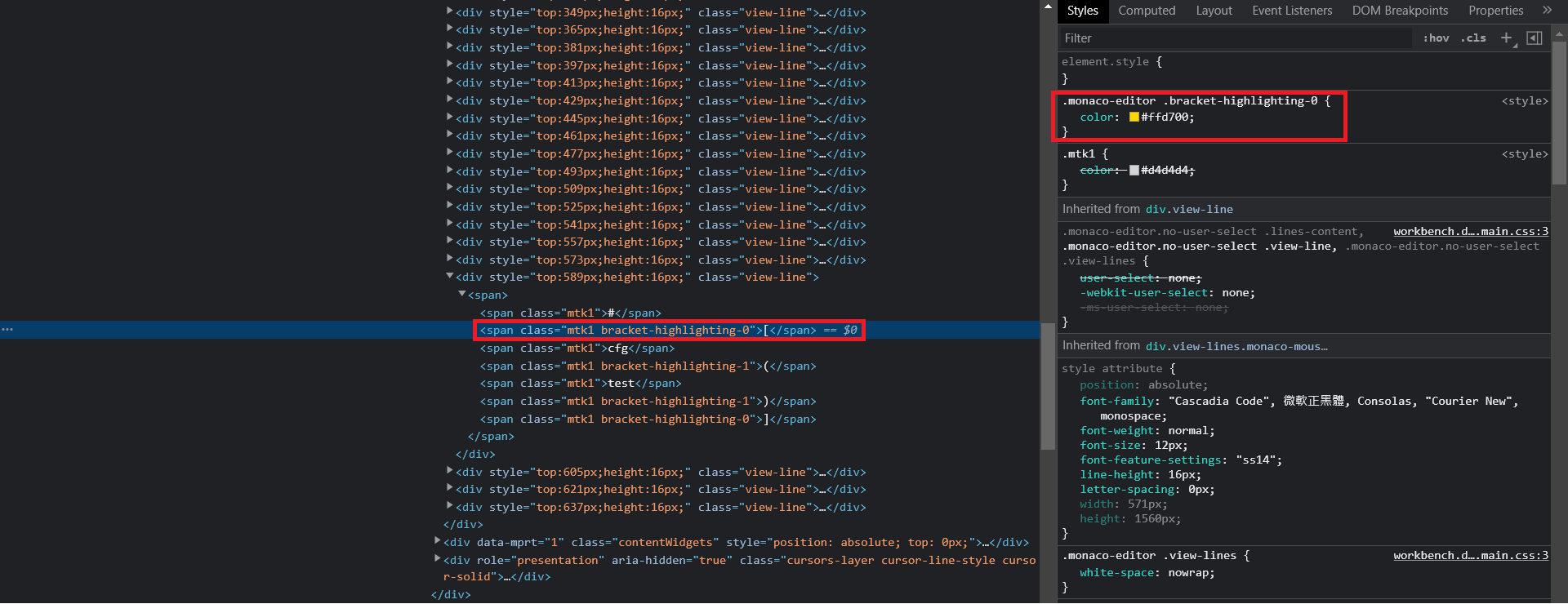 Bracket pair colorization and ligature for Cascadia Code · Issue