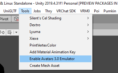 Showing Unity Tools menu expanded, with Enable Avatars 3.0 Emulator highlighted