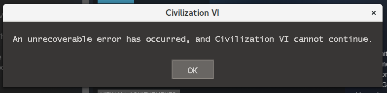 Screenshot of Civ VI failing to launch