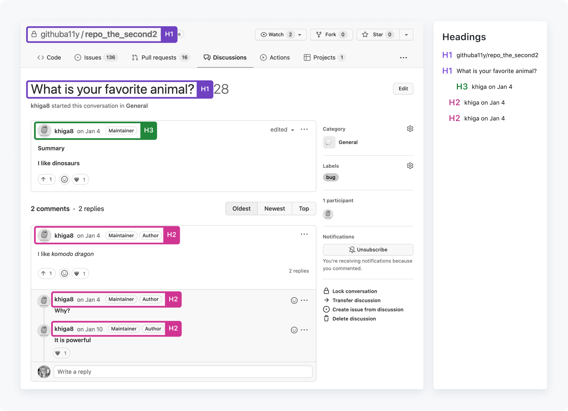 A GitHub discussion page with two h1 headings, which display an h3 before h2 headings