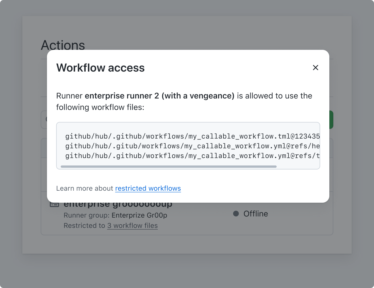 Screenshot of GitHub Actions page with a modal that conveys workflow file information about a runner