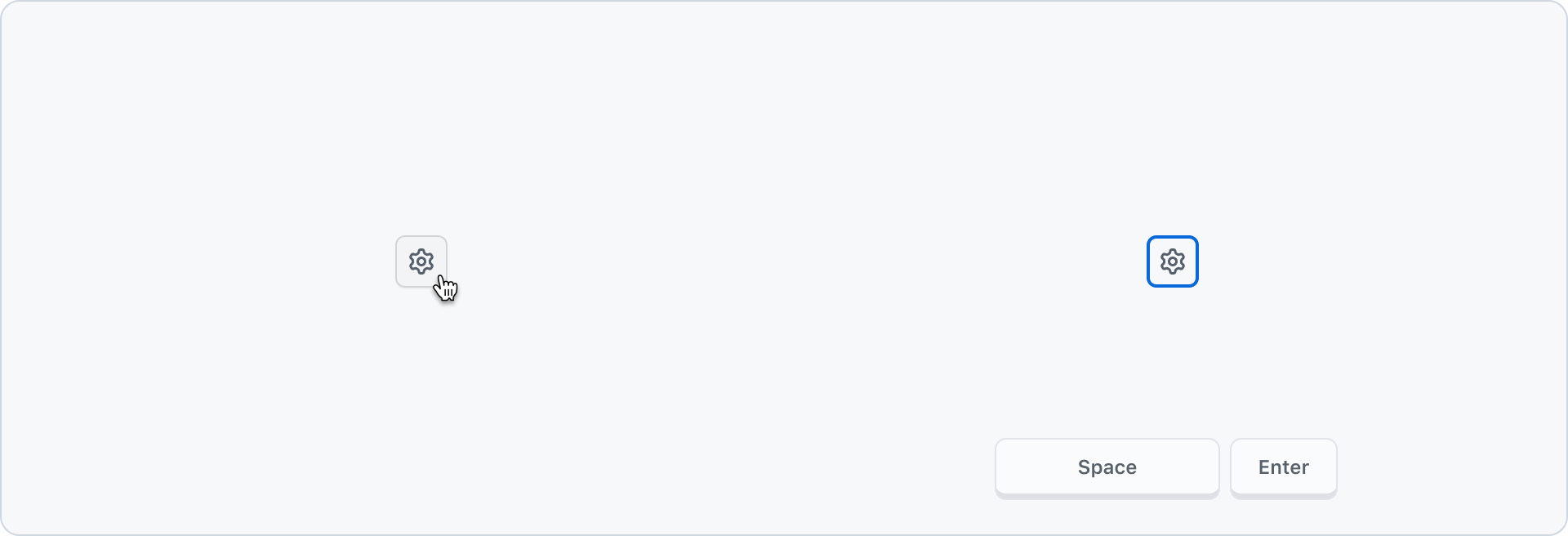 Mouse cursor hovering over an icon button and a focused icon button with the space and enter keys visually below the icon button.