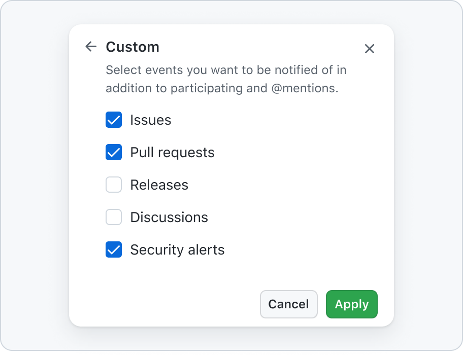 Select panel with a back button, close button, Heading, subheading, five multiple choice options with three of them selected, and apply and cancel buttons.