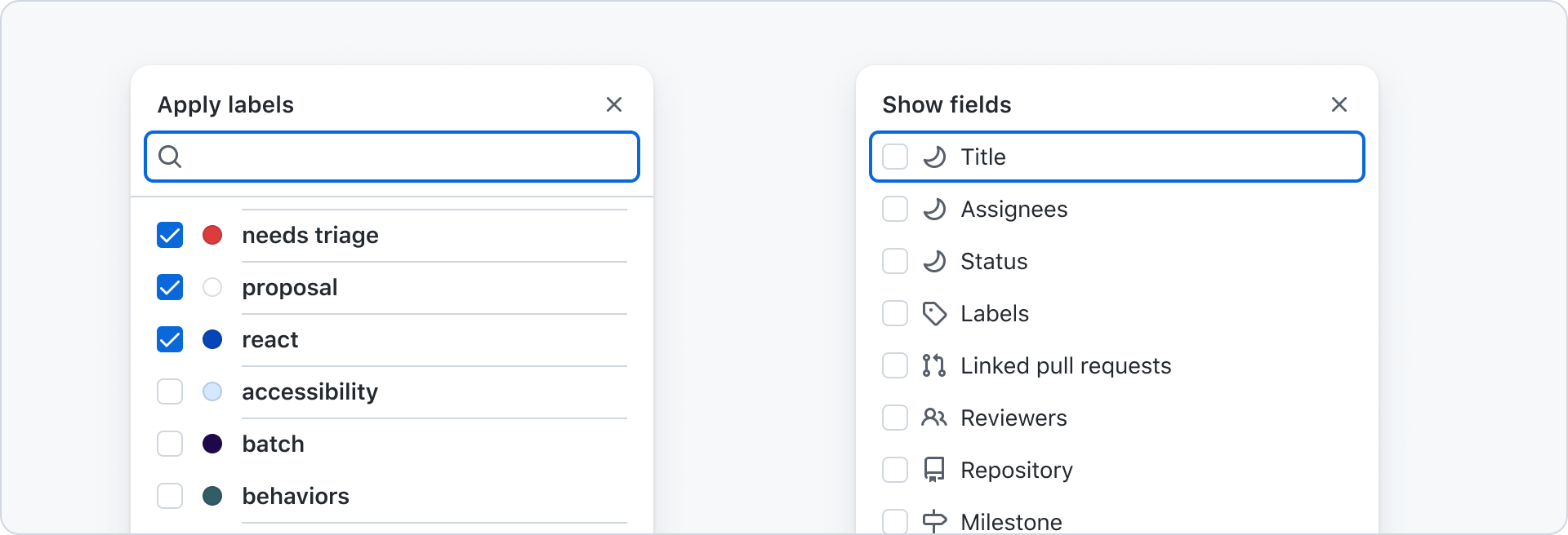 First select panel has focus applied to the search input with a blue 2px border. Second SelectPanel has no visible focus ring as focus is brought to the H1 of the dialog.