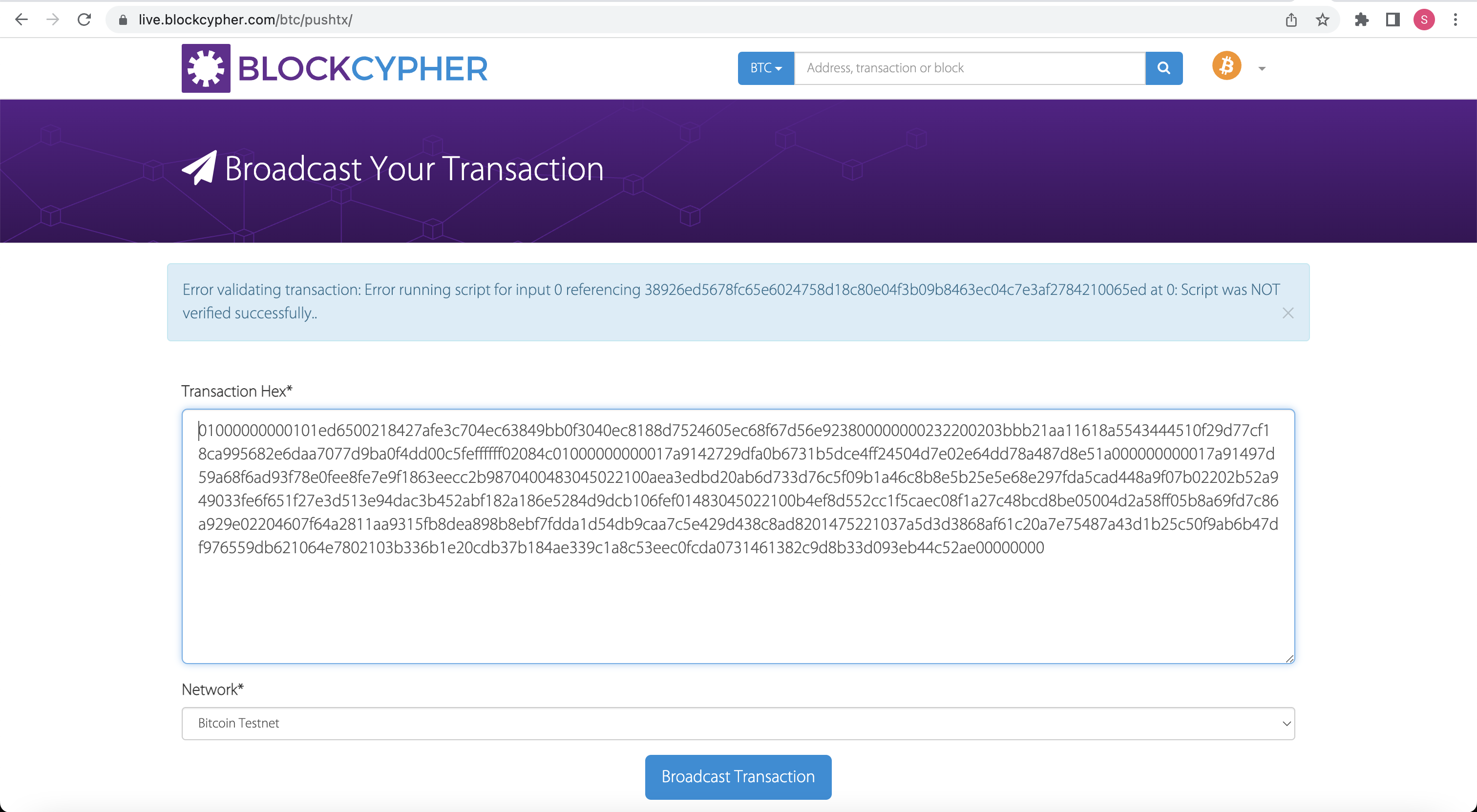 Error validating transaction: Error running script for input 0 ...