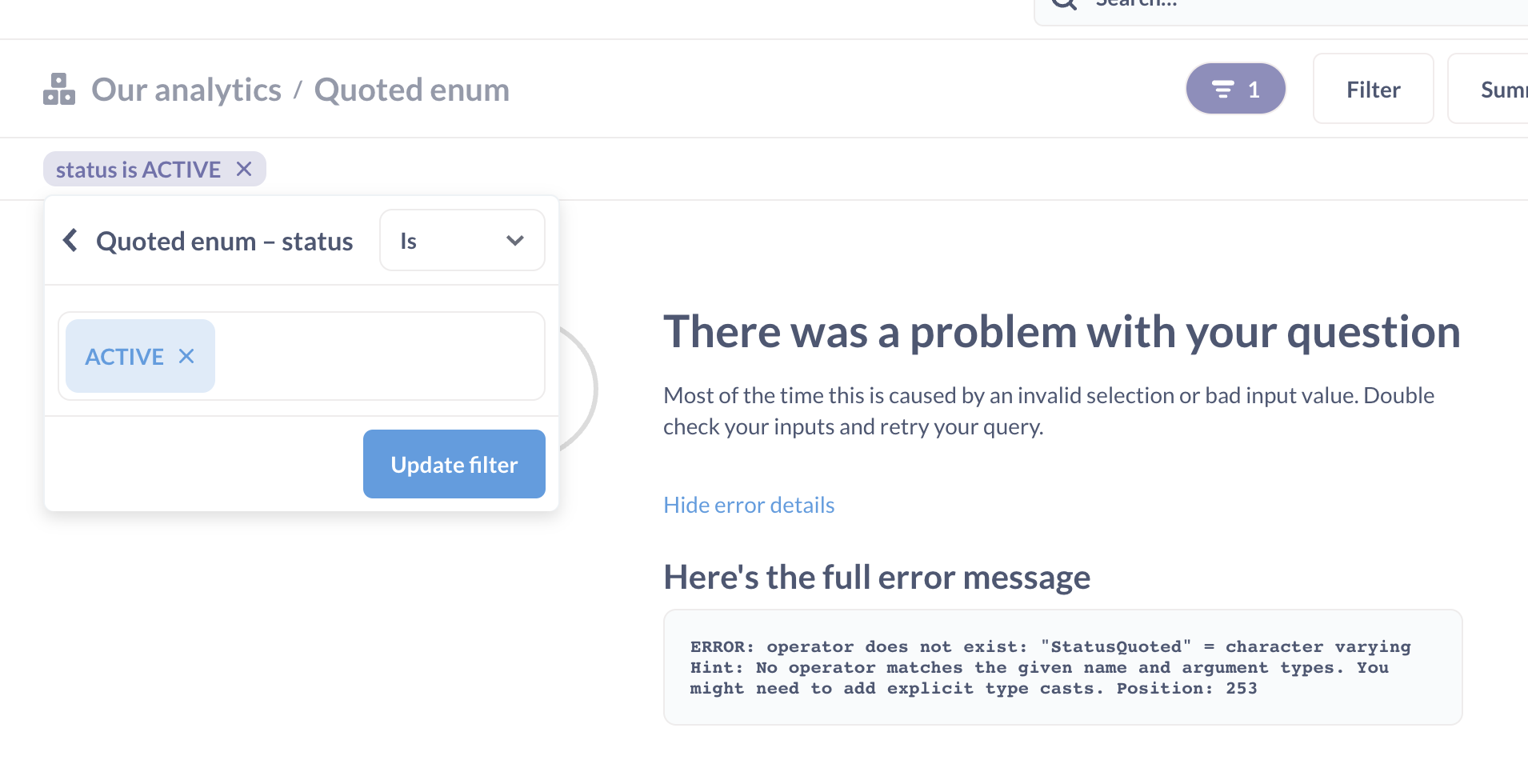 Filtering on enum fields using SQL models on Postgresql throws error