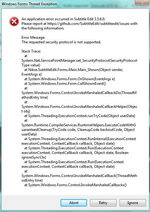 error message -- the requested security protocol is not supported ...