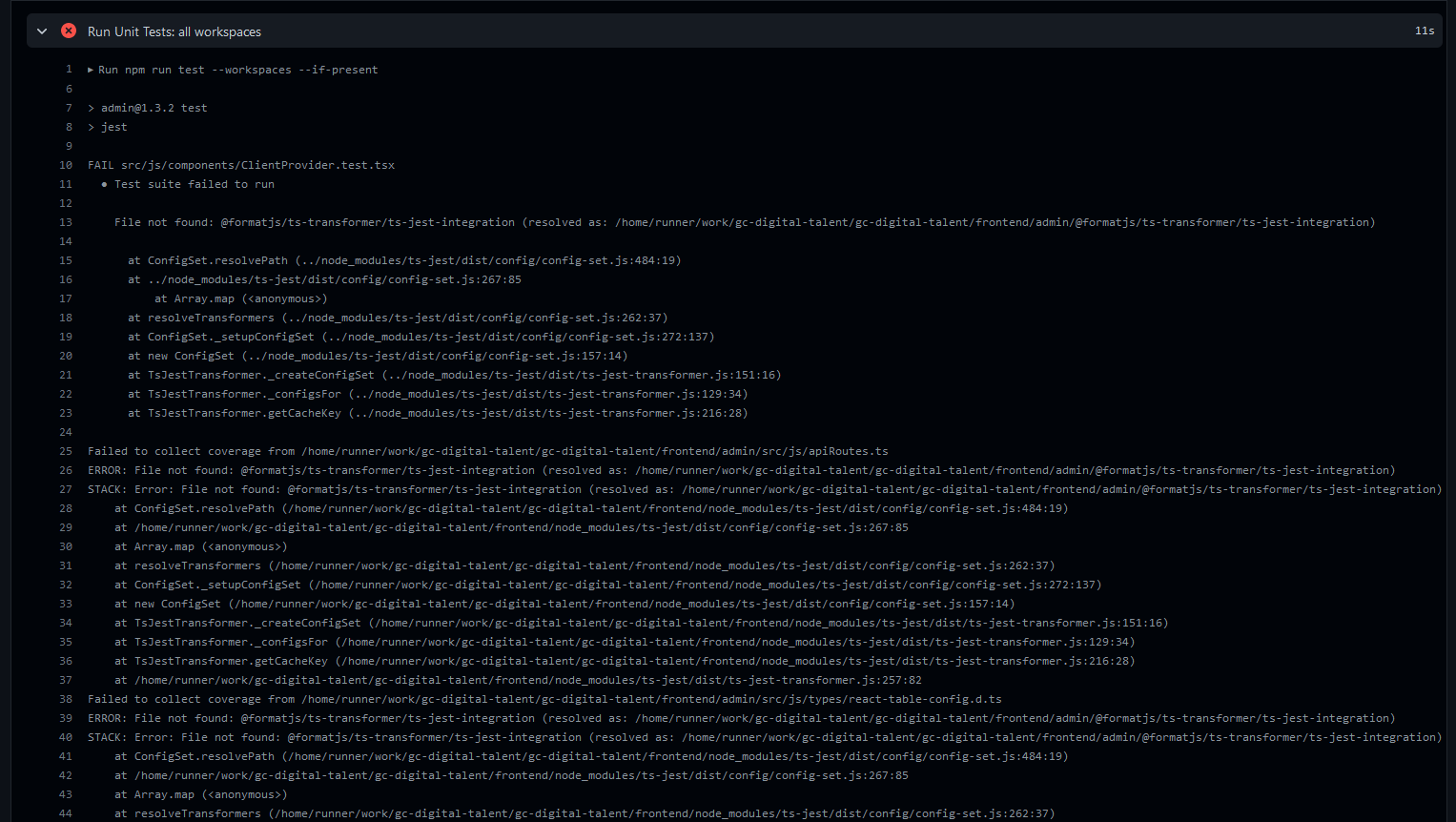 Failing Jest tests · Issue #2618 · GCTC-NTGC/gc-digital-talent · GitHub