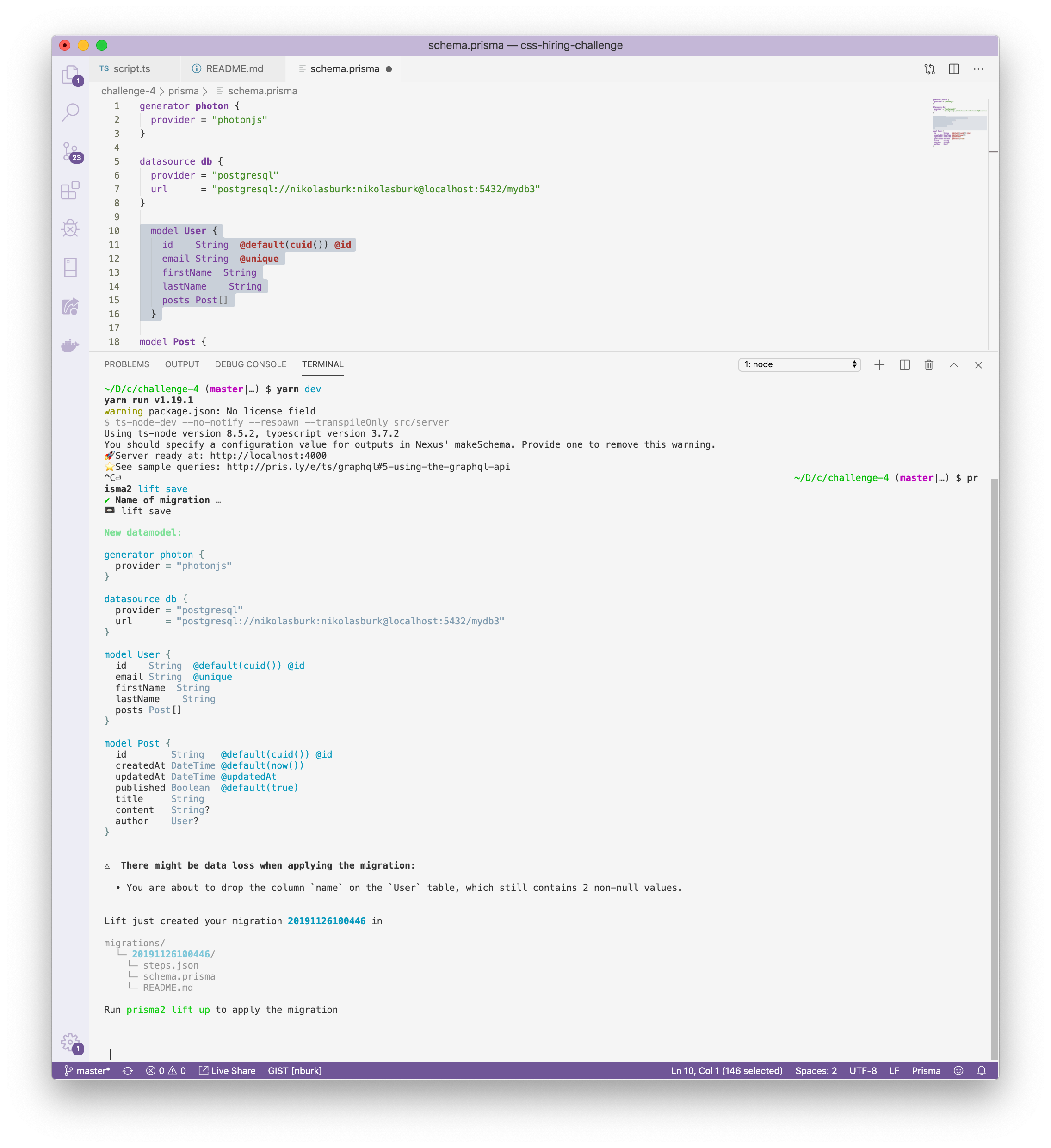 `prisma migrate save` and `prisma migrate up` hang upon migration ...