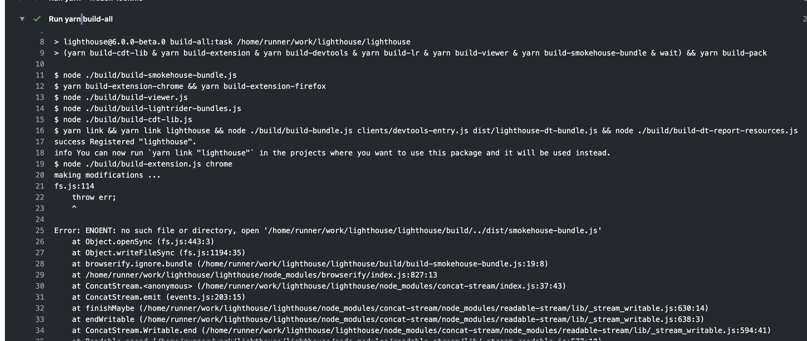 Github workflow `yarn buildall` produces error but doesnt fail step