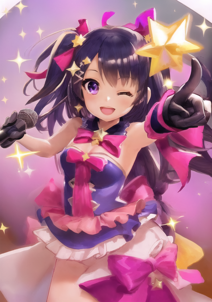 20230412-094644-829571-1604154106-star _ symbol_ 1girl long hair star hair ornament gloves pointing solo open mouth microphone one eye closed sparkle pointing