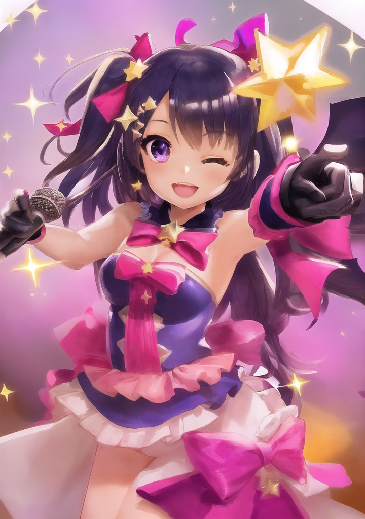 20230412-094808-701358-1604154106-star _ symbol_ 1girl long hair star hair ornament gloves pointing solo open mouth microphone one eye closed sparkle pointing