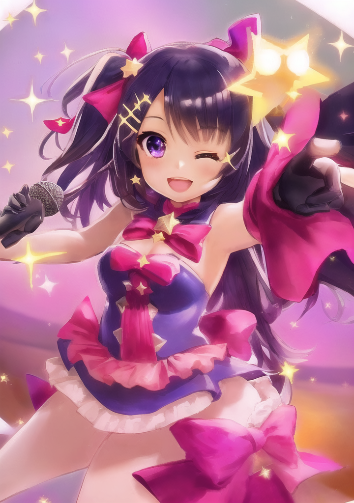 20230412-094839-531675-1604154106-star _ symbol_ 1girl long hair star hair ornament gloves pointing solo open mouth microphone one eye closed sparkle pointing