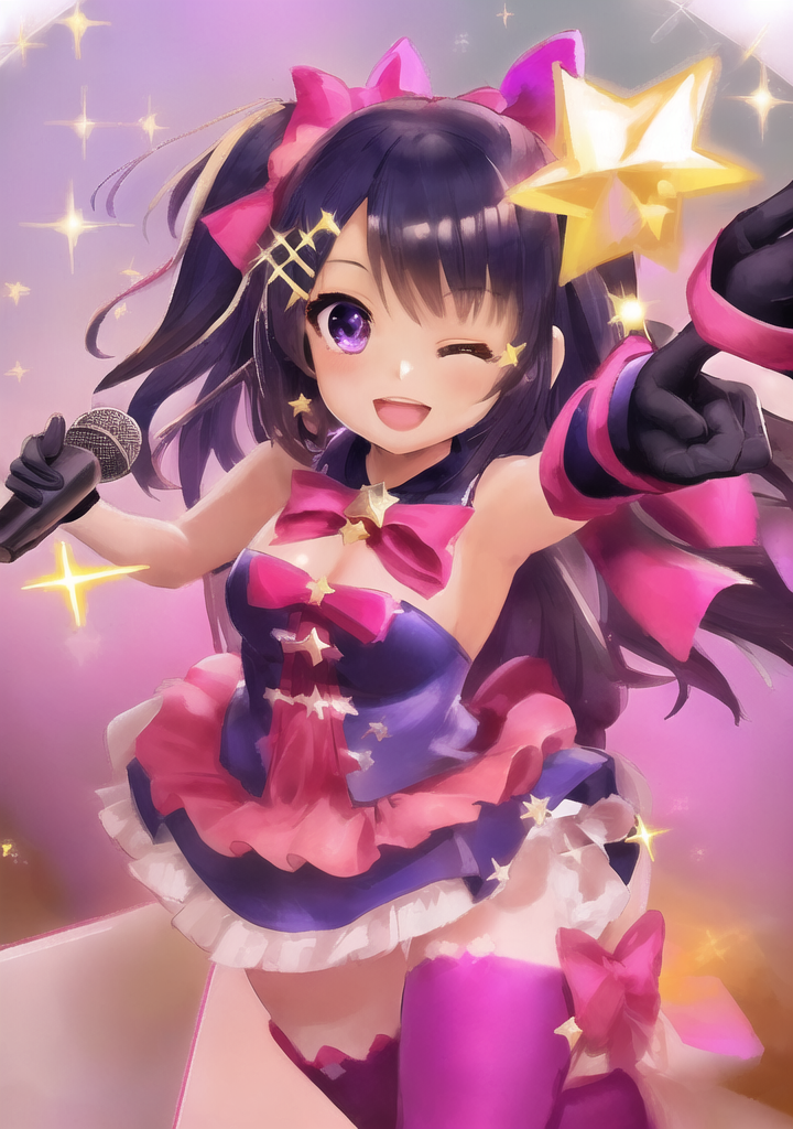 20230412-094852-148709-1604154106-star _ symbol_ 1girl long hair star hair ornament gloves pointing solo open mouth microphone one eye closed sparkle pointing