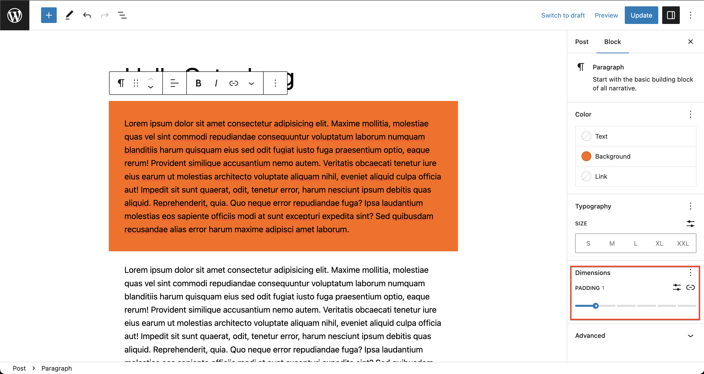 Paragraph block & column paragraph adding padding when selecting its ...