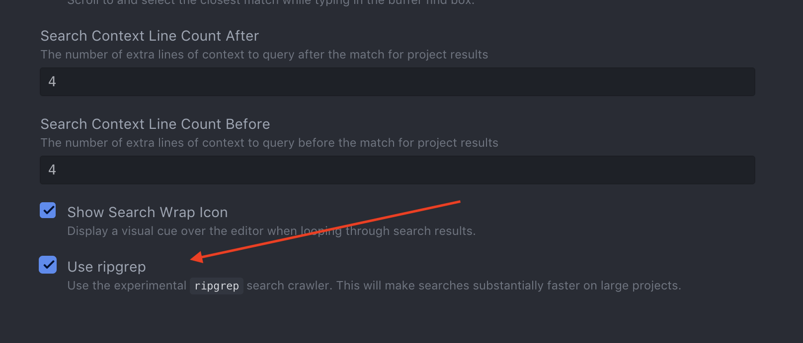 Enable ripgrep via in the find-and-replace settings