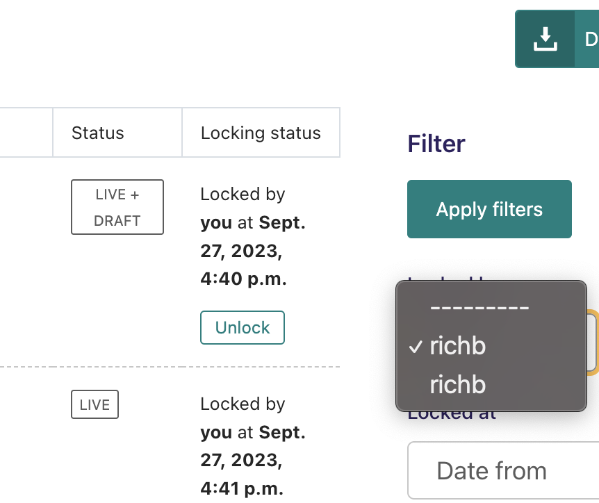 Locked pages report non distinct 'locked by' user filter resulting in