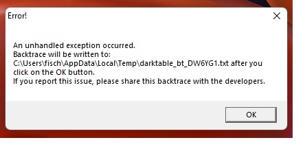 I am unable to open Darktable after a clean install - "An Unhandled ...