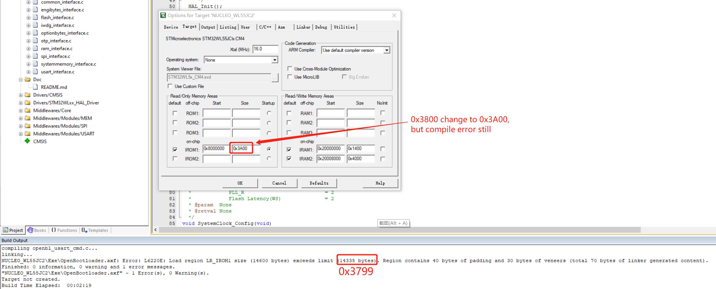 Compile error in mdk arm load region lr irom1 size exceeds limit