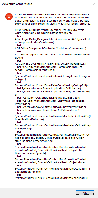 Plugins may cause Editor to crash when closed from "Welcome to AGS ...