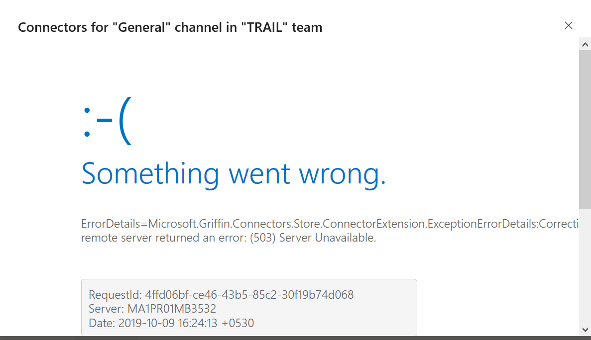 Microsoft Teams Connectors giving 503 Something went wrong