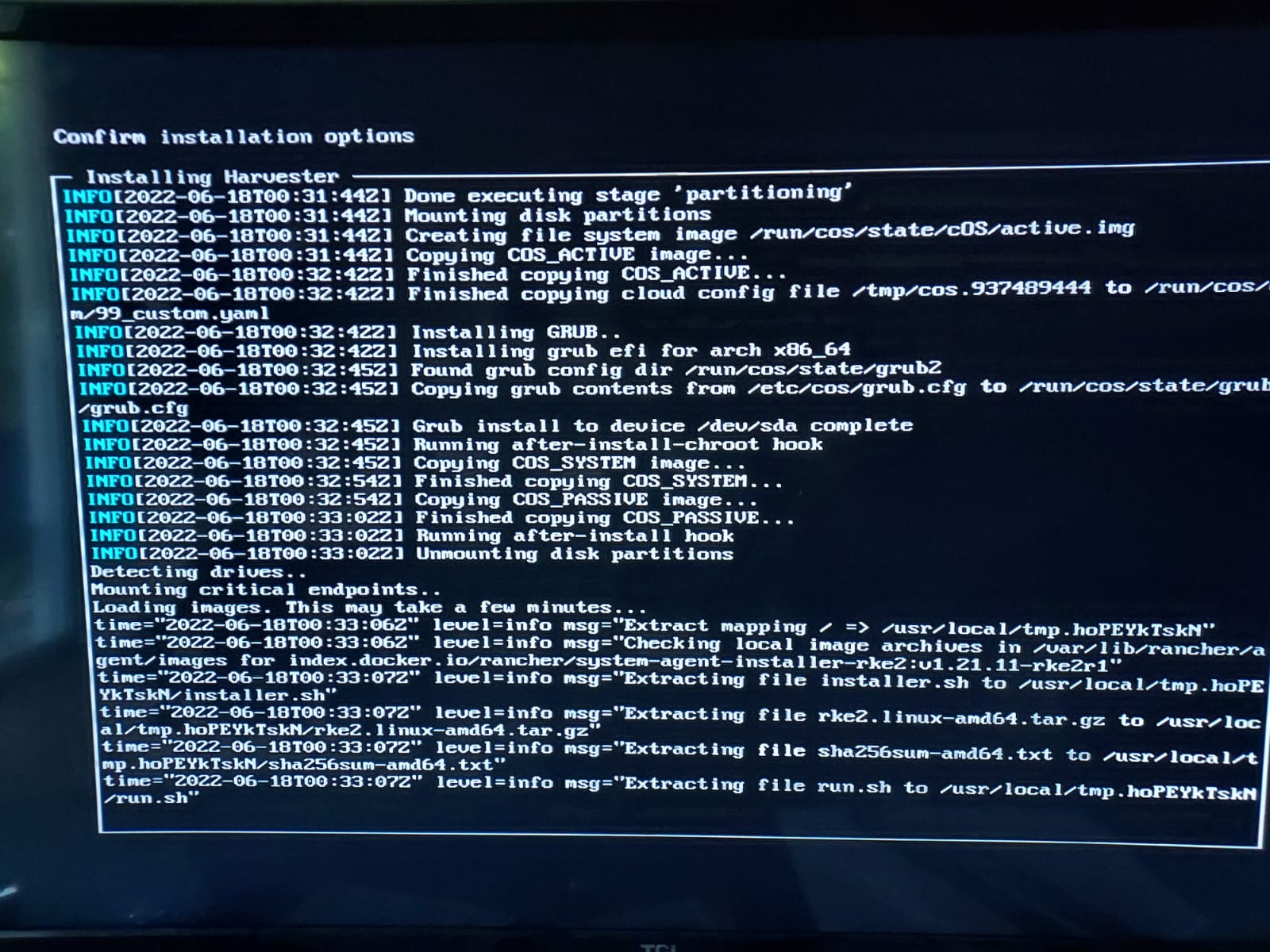Harvester installation stuck at Confirm installation Option · Issue