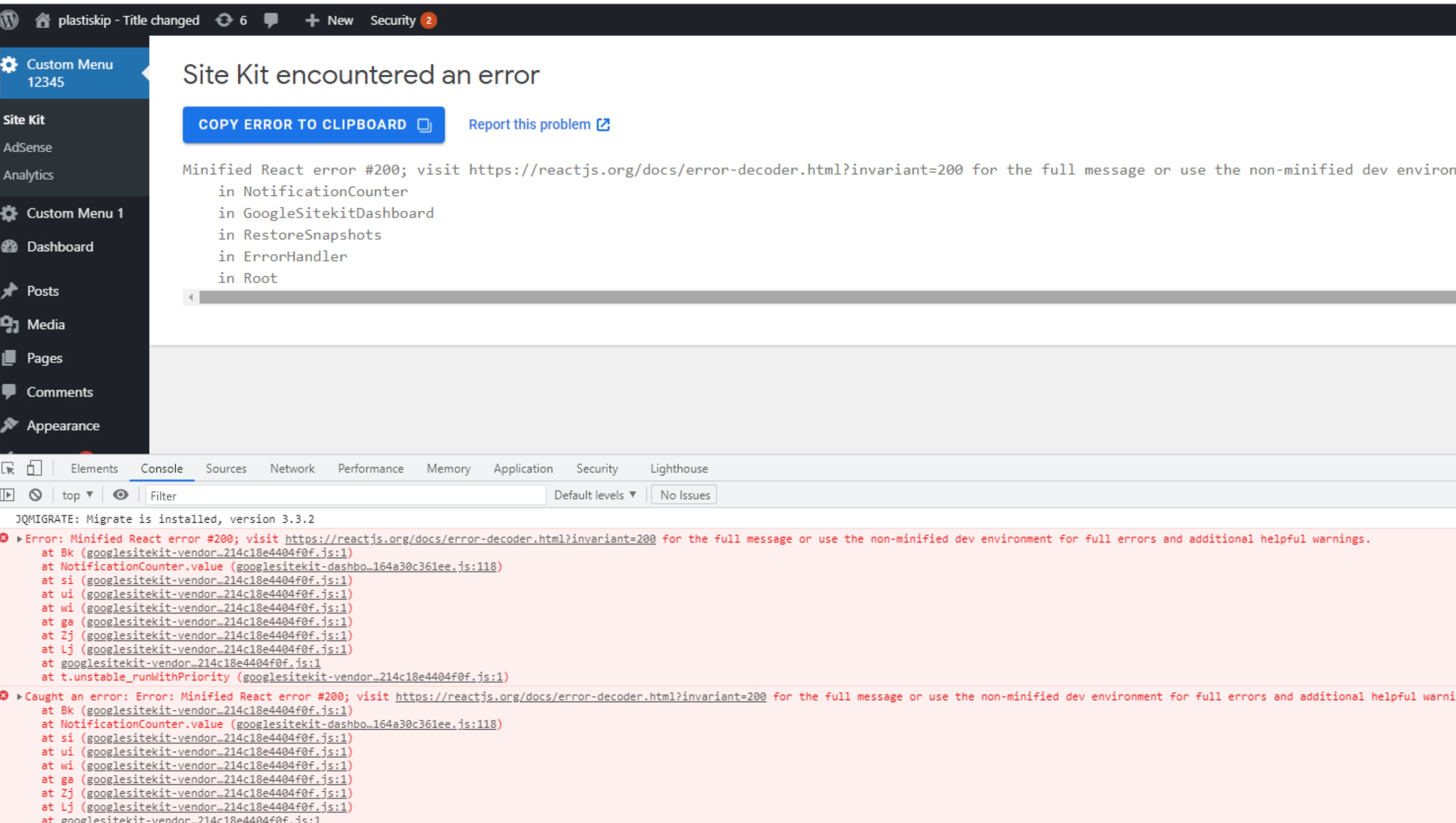 React error when Site Kit admin menu is moved from top-level · Issue ...