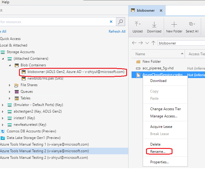 'Rename' is disabled for one blob in one Azure AD attached blob