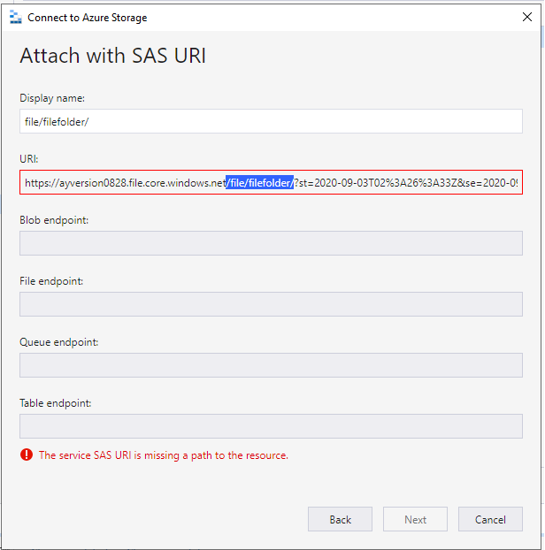 Show an unmatched error message after pasting one folder's SAS URI to ...