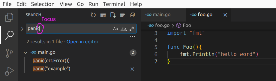 ENTER after ctrl-shift-f should lead to the first search result ...