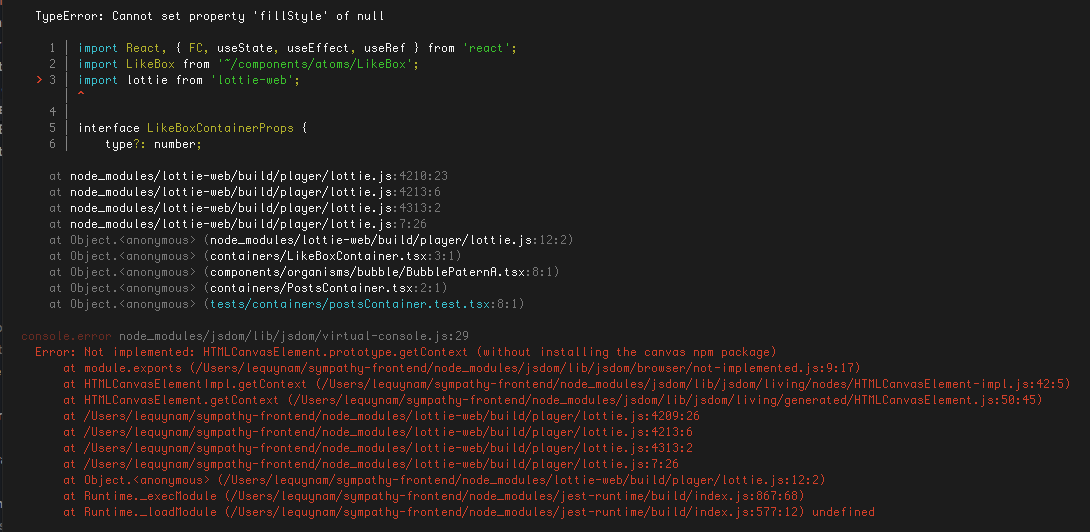 Error when use lottieweb and run test reactjs with Jest.